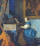 Johannes Vermeer A Young Woman Seated at the Virginal with a painting of Dirck van Baburen in the background oil painting on canvas